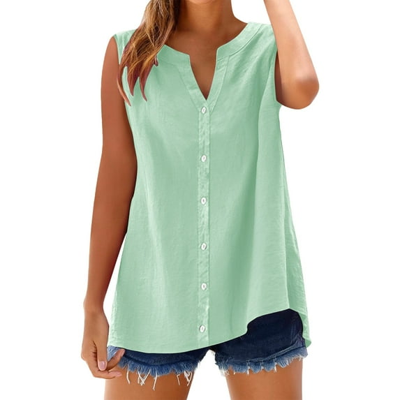 Tank Top for Women Under 20$, Mint Green Y2K Tops Baberdicy Cotton Linen Shirts for Women Sleeveless Collared Tops Oversized up Blouses Work Shirts Casual Summer Tshirt