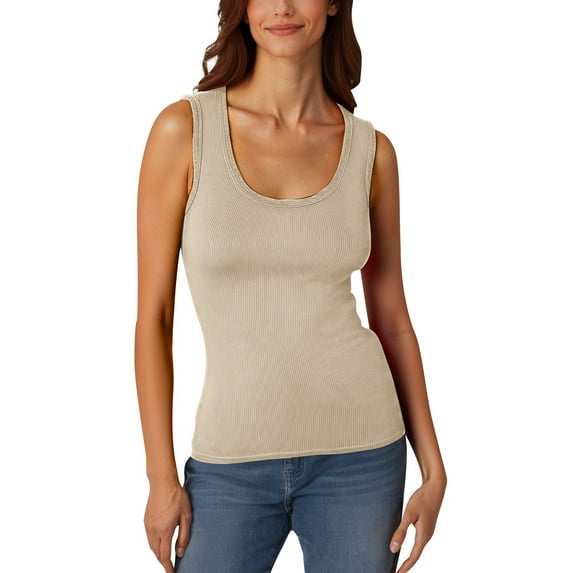 Tank Top for Women Ladies' Casual Low Round Neck Ribbed Casual T Shirt Sleeveless Elastic And Form Fitting Basic Vest Going Out Tops for Women,Beige,M