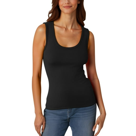 Tank Top for Women Ladies' Casual Low Round Neck Ribbed Casual T Shirt Sleeveless Elastic And Form Fitting Basic Vest Going Out Tops for Women,Black,L