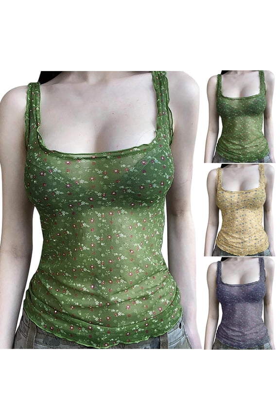 Tank Top Women Running Tank Top Women Women's Fresh Floral Contrast Color Mesh Round Neck Camisole Green L