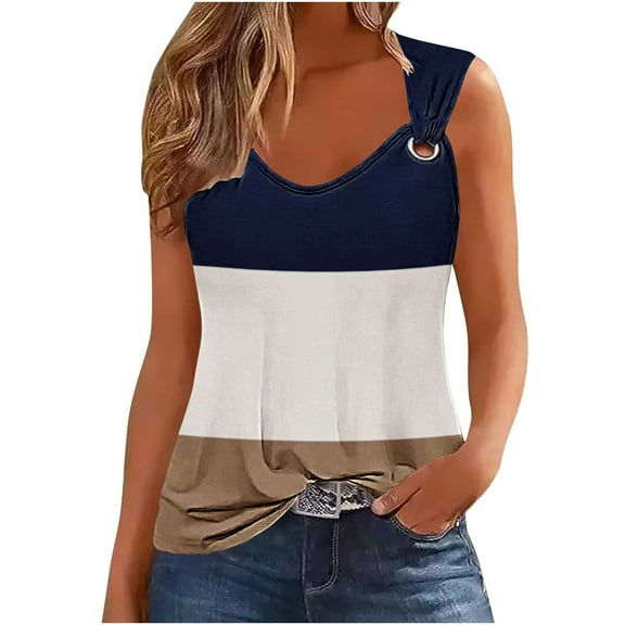 Tank Top for Women Summer Breathable Vest Tops Round Neck Tunic Top Lightweight Color Block Printed Sleeveless T-Shirts Casual Loose Long Shirts