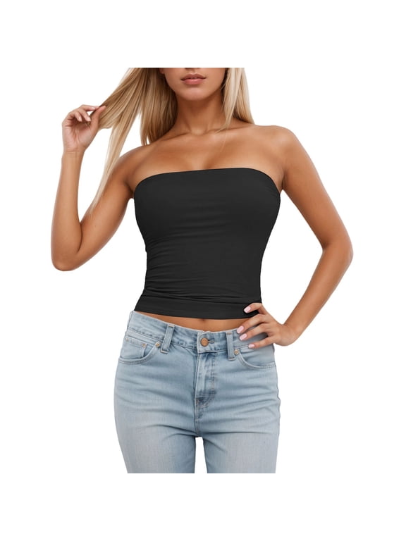 Tank Top for Women Tube Top Sleeveless Stretchy Camisole Removable Padding Strapless Shirt for Layering And Outerwear Womens Tops Boho Tops for Women, Color:Black, Size:XS