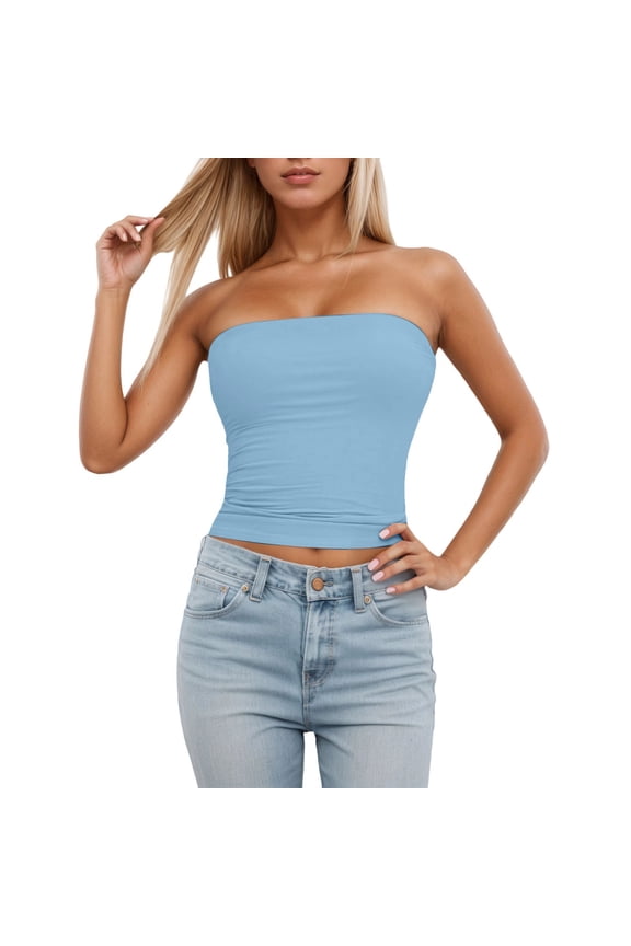 Tank Top for Women Tube Top Sleeveless Stretchy Camisole Removable Padding Strapless Shirt for Layering And Outerwear Womens Tops Boho Tops for Women, Color:Blue, Size:L