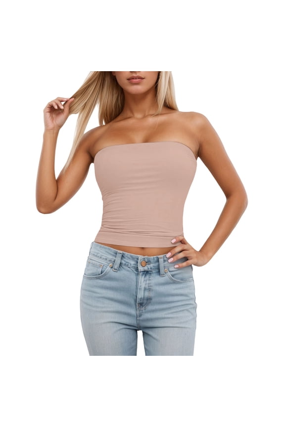 Tank Top for Women Tube Top Sleeveless Stretchy Camisole Removable Padding Strapless Shirt for Layering And Outerwear Womens Tops Boho Tops for Women, Color:Gold, Size:L