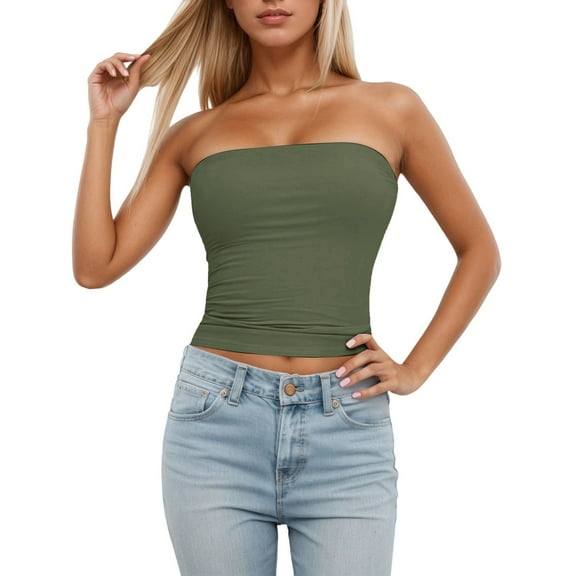 Tank Top for Women Tube Top Sleeveless Stretchy Camisole Removable Padding Strapless Shirt for Layering And Outerwear Womens Tops Boho Tops for Women, Color:Green, Size:S