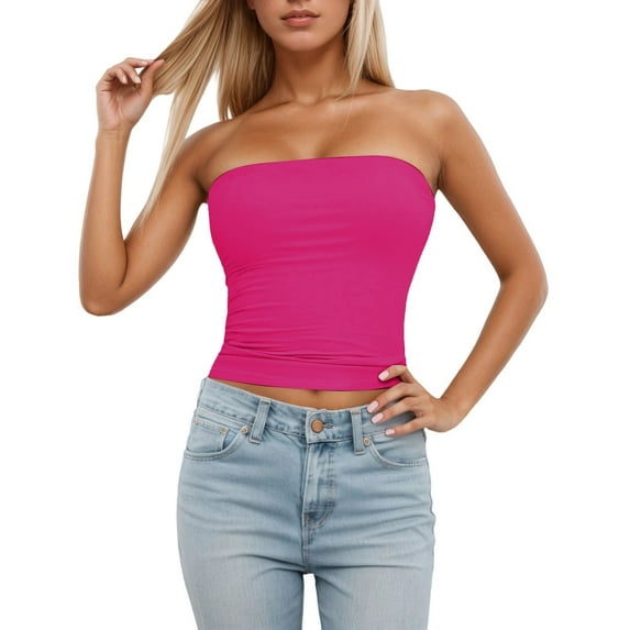 Tank Top for Women Tube Top Sleeveless Stretchy Camisole Removable Padding Strapless Shirt for Layering And Outerwear Womens Tops Boho Tops for Women, Color:Pink, Size:XL