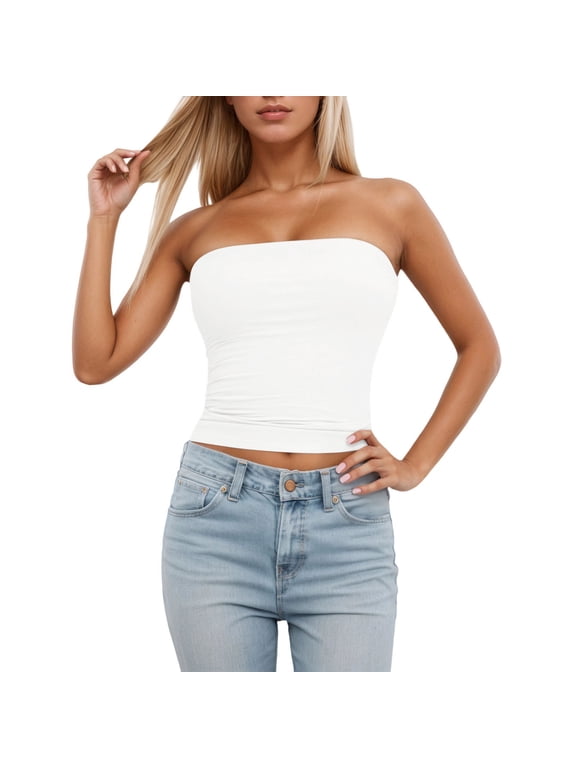 Tank Top for Women Tube Top Sleeveless Stretchy Camisole Removable Padding Strapless Shirt for Layering And Outerwear Womens Tops Boho Tops for Women, Color:White, Size:XS