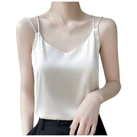 Tank Top for Women,Womens Silk Satin Camisole Tank Tops V Neck Spaghetti Strap Blouses Back Sleeveless Shirt,Womens Tank Tops,Camisole Tops for Women(Color:Beige,Size:2XL)
