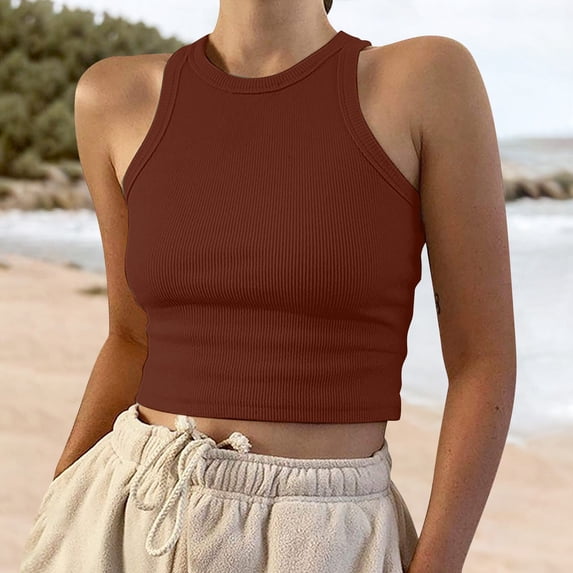 Tank Top for Woman Sleeveless Color Tops Solid Woman's Tank Short Round Neck Vest Woman's Blouse Tank Tops Brown