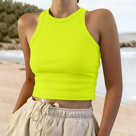 Tank Top for Woman Sleeveless Color Tops Solid Woman's Tank Short Round Neck Vest Woman's Blouse Tank Tops Deep Yellow