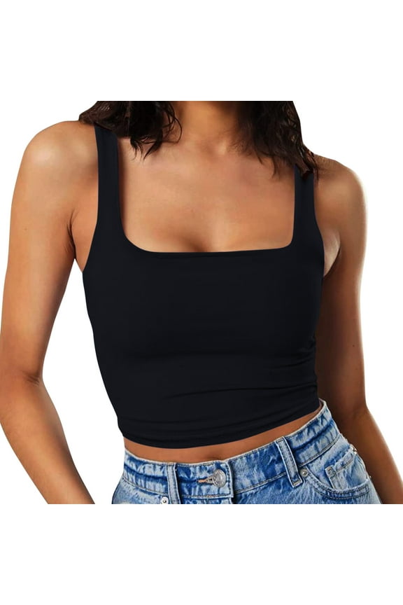 Tank Top for Woman's Sleeveless Strappy Tank O Neck Double Layer Workout Fitness Casual Crop Tops Tank Tops Black