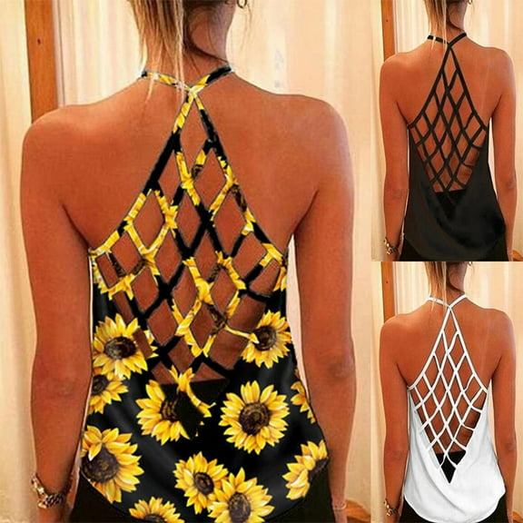Tank Top for Women Criss Cross Straps Backless Sleeveless Sunflower Print Sexy Blouse Black Basic Fitted Summer Clothes S