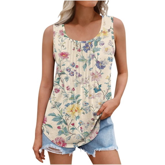 Tank Top for Women Fashion Vintage Print Scoop Neck Pleated Sleeveless Shirts Summer Casual Tunic Tops (5XL, Multicolor 6)