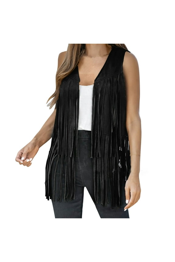 Tank Top for Women Fringe Vest 70s Hippie Costume Sleeveless Western Suede Tassel Leather Outerwear