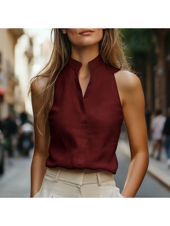 Tank Top for Women High Neck Sleeveless Officewear Slim Fit Solid Color Textured Fabric Professional Business Blouse Summer Elegant Shell Top