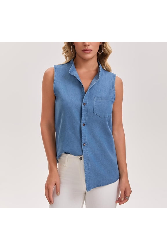 Tank Top for Women Lapel Collar Sleeveless Vintage Relaxed Fit Denim Texture Button Down Functional Pocket Casual Streetwear Tops