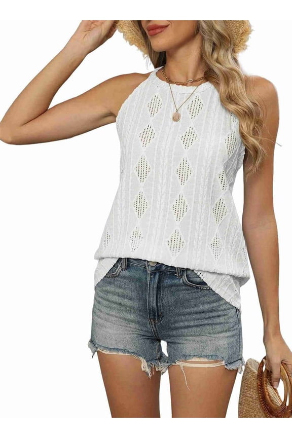 Tank Top for Women Loose Fit High Neck Sleeveless Halter Tops Casual Eyelet Summer Flowy Shirts Blouse White M