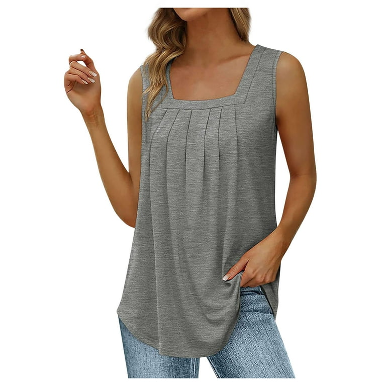 Tank Top for Women Loose Fit Pleated Square Neck Sleeveless Tops Curved Hem  Flowy,Gray XL