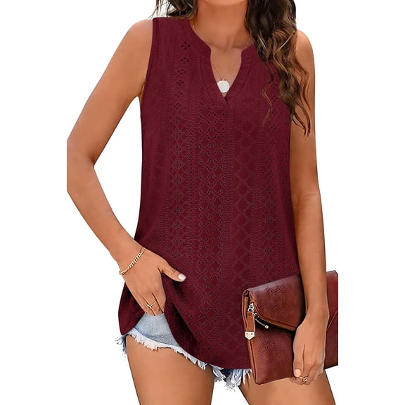 Tank Top for Women Loose Fit Sleeveless V Neck Camisole Dressy Casual Eyelet Summer Flowy Vest Blouse Wine Red M