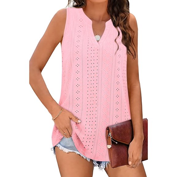 Tank Top for Women Loose Fit Sleeveless V Neck Camisole Tops Dressy Casual Eyelet Summer Flowy Vest Shirts Blouse Pink M