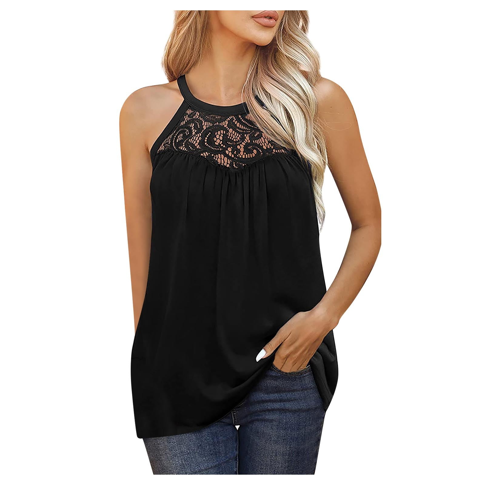 Tank Top for Women Loose Fit Trendy Lace Flowy Tank Tops Sleeveless Dressy Shirts  Blouses Halter Spaghetti Strap Women's Tops,Black M 
