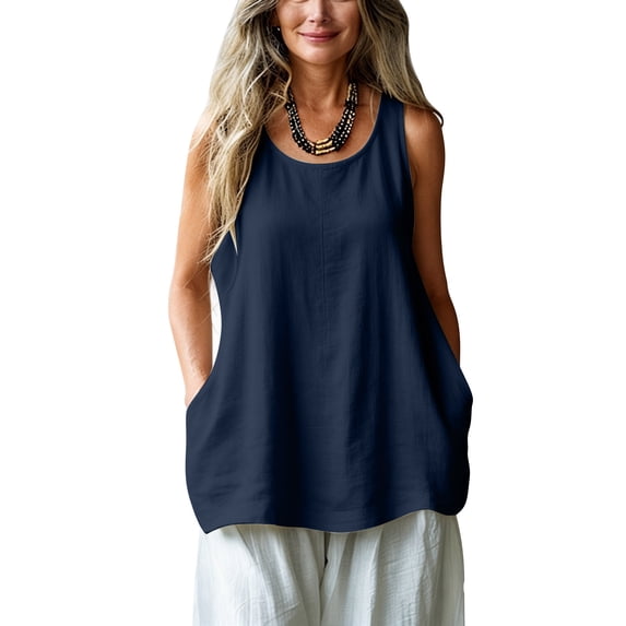 Lmueinov 2026 Women's Cotton Linen Sleeveless Tank Top, Casual Loose Fit U Neck Summer Blouse, Breathable Lightweight Tunic with Side Pockets S-2XL
