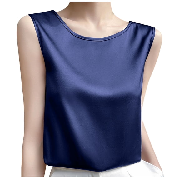 Tank Top for Women Satin, Summer Comfy 2026 Casual Loose Lightweight Sleeveless Shirts, Navy 2XL