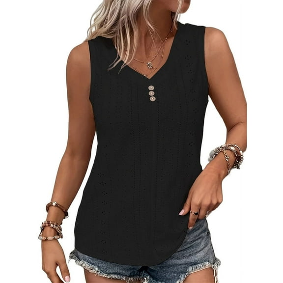 Tank Top for Women Summer Outfits V Neck T Shirts Trendy Eyelet Sleeveless Basic Beach Vacation Clothes Black 5XL