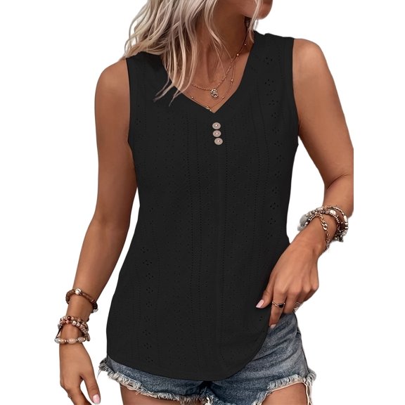 Tank Top for Women Summer Outfits V Neck T Shirts Trendy Eyelet Sleeveless Basic Beach Vacation Clothes Black XXXL
