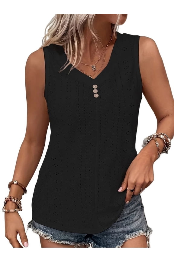 Tank Top for Women Summer Outfits V Neck T Shirts Trendy Eyelet Sleeveless Basic Beach Vacation Clothes Black XXXL