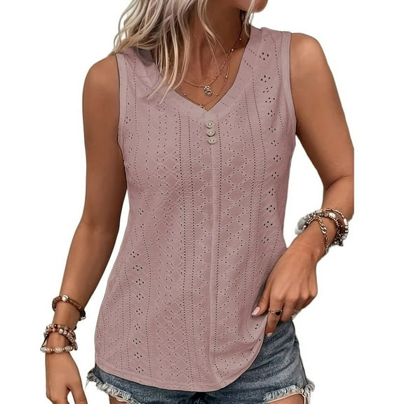 Tank Top for Women Summer Outfits V Neck T Shirts Trendy Eyelet Sleeveless Basic Beach Vacation Clothes Pale Pinkish Gray 4XL