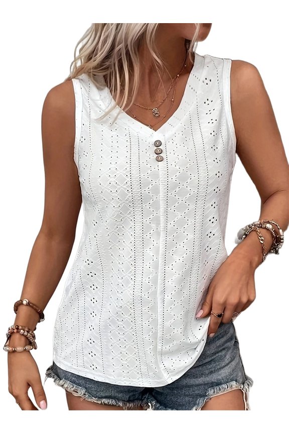 Tank Top for Women Summer Outfits V Neck T Shirts Trendy Eyelet Sleeveless Basic Beach Vacation Clothes White XXXL
