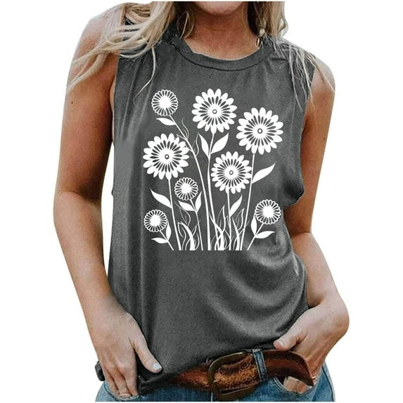 Tank Top for Women Summer Sleeveless Tops Casual Loose Fit Sunflower Floral Graphic Vest Vintage Tees Cute Tshirts