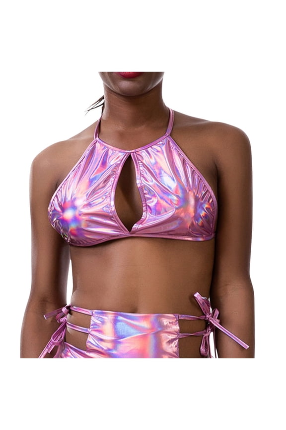 Tank Top for Women Tie Neck Sleeveless Party Clubwear Dance Shows Holographic Shiny Sparkly Rave Tops for Concerts & Parties Shine Outfits