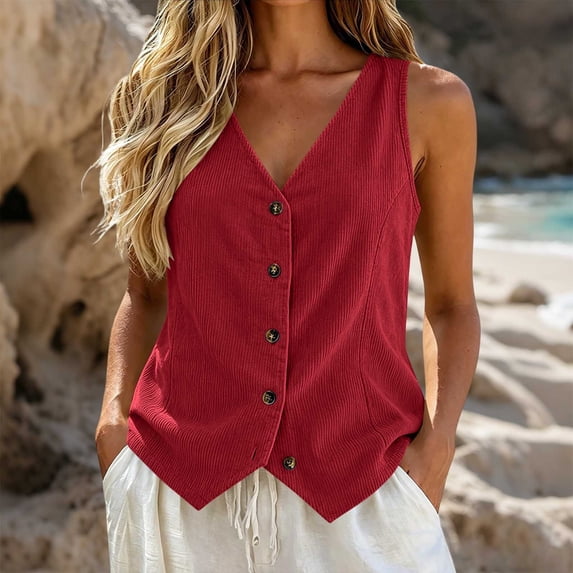 Tank Top for Women V Neck Button Up Sleeveless Spring Summer Winter All-purpose Corduroy Fashionable Tank Wine XL