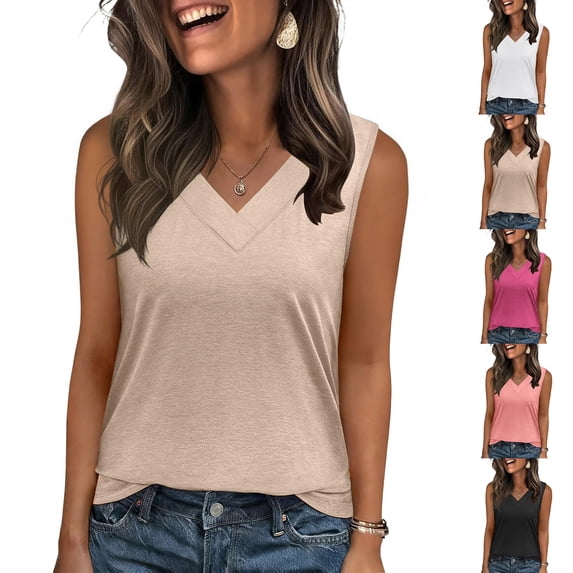 Tank Top for Women V Neck Loose Fit Sleeveless Summer Tops Business Casual Outfits Dressy Blouses Shirts Beige XXL