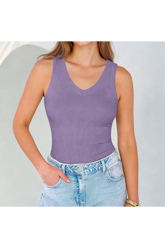 Tank Top for Women V Neck Sleeveless Athleisure Slim Fit Ribbed Knit Stretchy Lightweight Basic Layered Look Athletic Undershirt