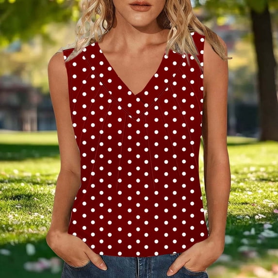 Tank Top for Women V Neck Sleeveless Casual Fashion Loose Fit Polka Dot Print Breathable Lightweight Summer Blouse Top