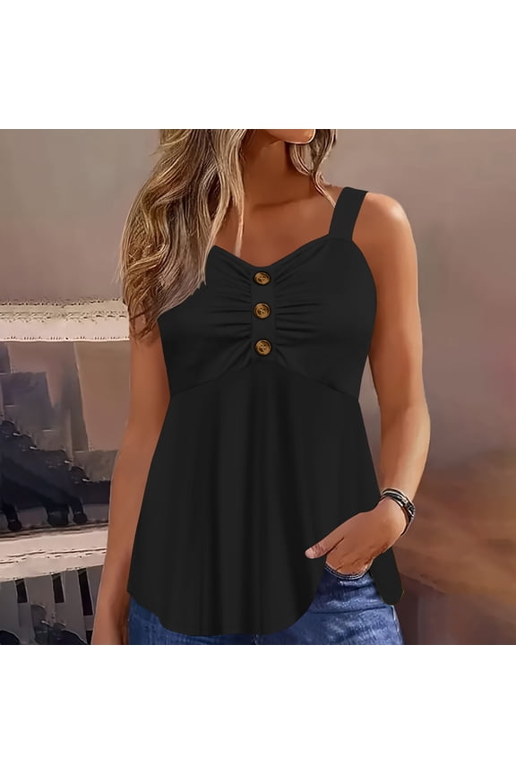 Tank Top for Women V Neck Sleeveless Casual Loose Fit Button Down Ruched Bust Empire Waist Fashion Summer Cami Blouse Soft Breathable Daily Wear