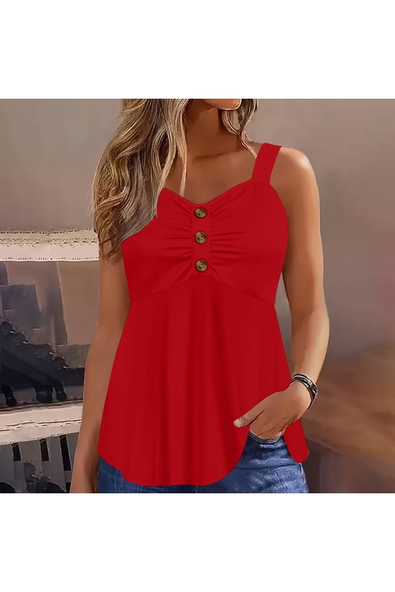 Tank Top for Women V Neck Sleeveless Casual Loose Fit Button Down Ruched Bust Empire Waist Fashion Summer Cami Blouse Soft Breathable Daily Wear
