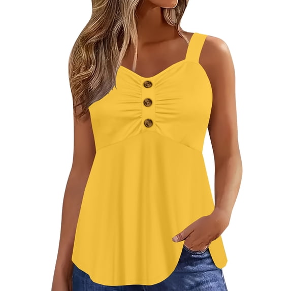 Tank Top for Women V Neck Sleeveless Casual Loose Fit Button Down Ruched Bust Empire Waist Fashion Summer Cami Blouse Soft Breathable Daily Wear