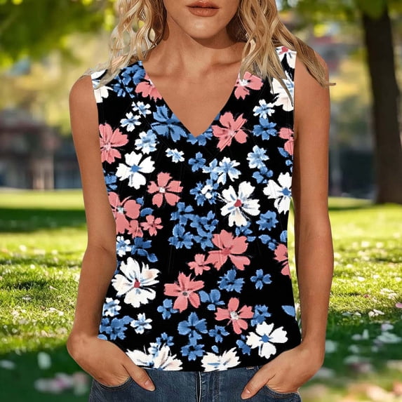 Tank Top for Women V Neck Sleeveless Streetwear Fashion Loose Fit Abstract Drip Print Soft Stretchy Summer Blouse