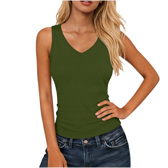 Tank Top for Women V Neck Summer Sleeveless T Shirt Tunic Casual Solid Color Loose Fit Blouses Army Green