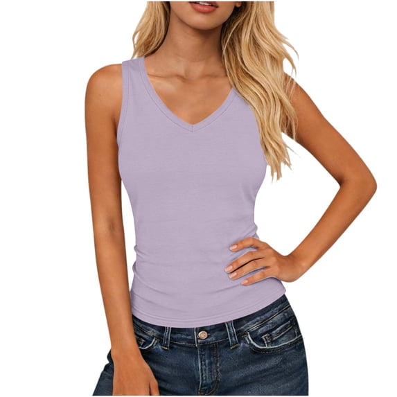 Tank Top for Women V Neck Summer Sleeveless T Shirt Tunic Casual Solid Color Loose Fit Blouses Purple