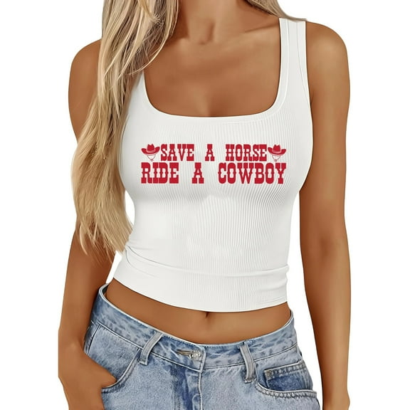 Tank Top for Women Western Crop Tops Cowboy Country Concert Sleeveless Graphic Tees Going Out Tops for Women,White,S