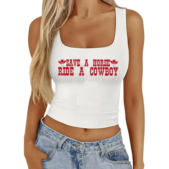 Tank Top for Women Western Crop Tops Cowboy Country Concert Sleeveless Graphic Tees Going Out Tops for Women,White,S