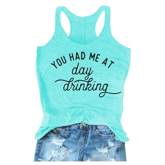 Tank Top for Women You Had Me At Day Drikin Summer Letter Printed Round Neck Sleeveless Tank Top Going Out Tops for Women, Color:Light Blue, Size:2XL