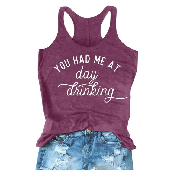Tank Top for Women You Had Me At Day Drikin Summer Letter Printed Round Neck Sleeveless Tank Top Going Out Tops for Women, Color:Purple, Size:2XL
