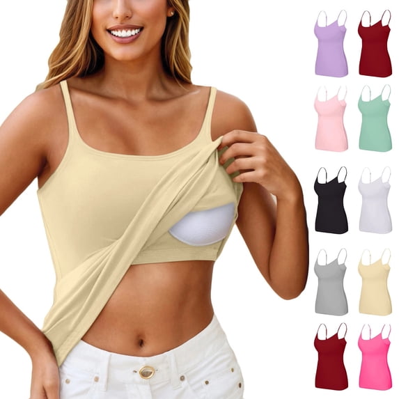 Tank Top for Women with Built in Bra, Padded Adjustable Spaghetti Strap Camisoles for Layering, Scoop Neck Fitted Undershirts , #05 Beige XXL