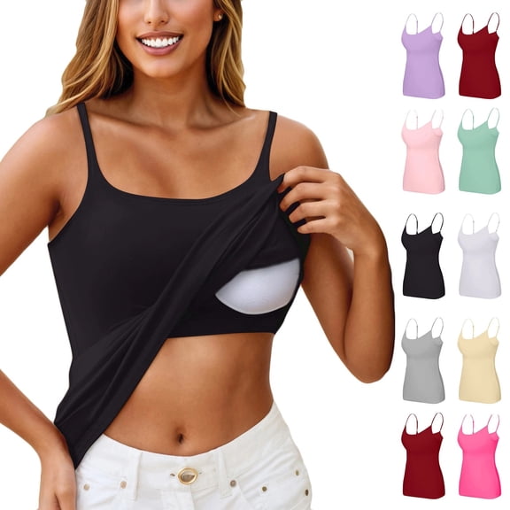 Tank Top for Women with Built in Bra, Padded Adjustable Spaghetti Strap Camisoles for Layering, Scoop Neck Fitted Undershirts , #05 Black S